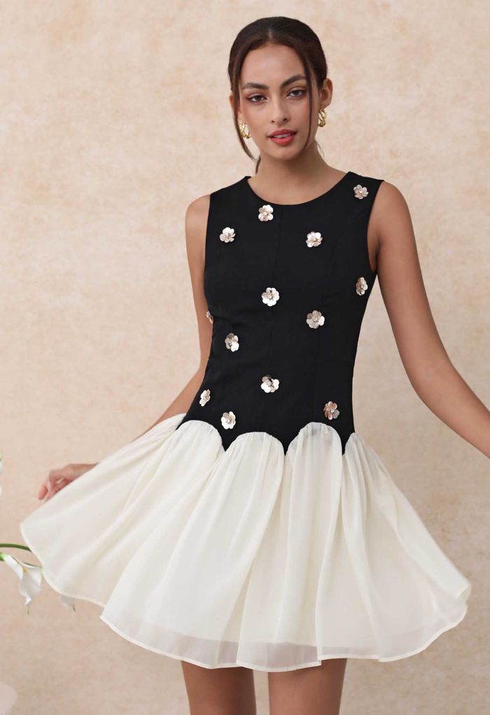 Sequined Flower Organza Spliced Sleeveless Mini Dress