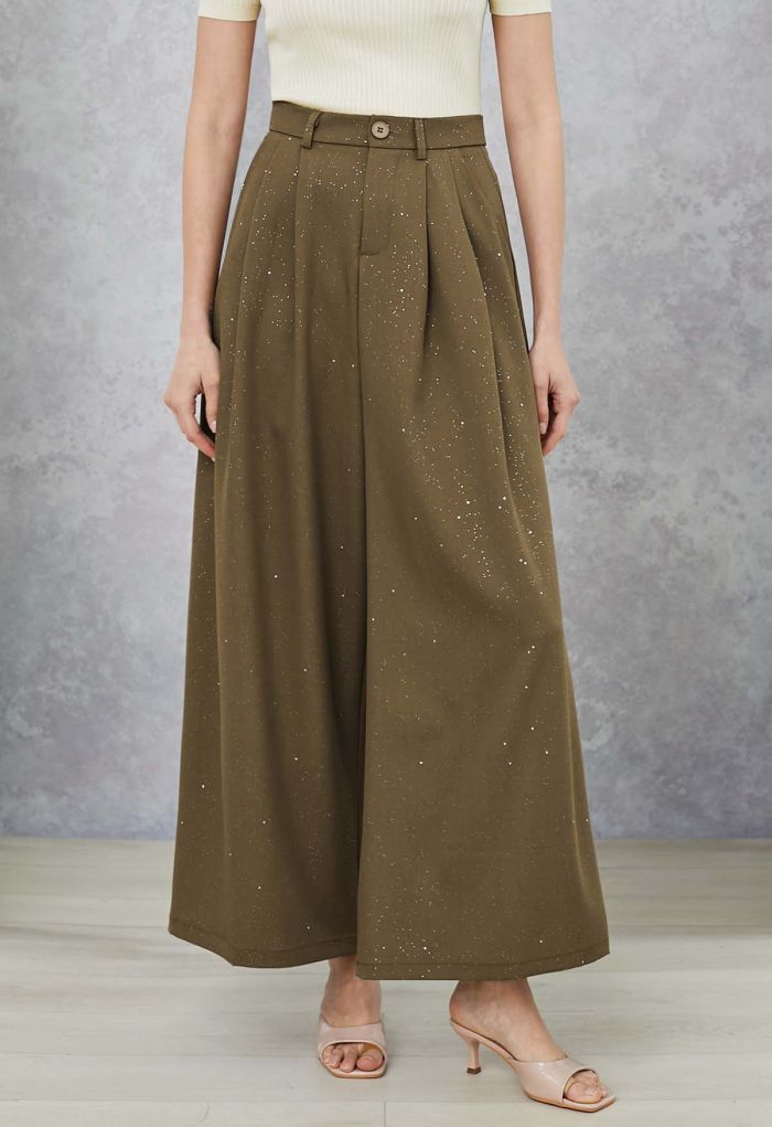 Glitter Accent Wide-Leg Palazzo Pants in Brown