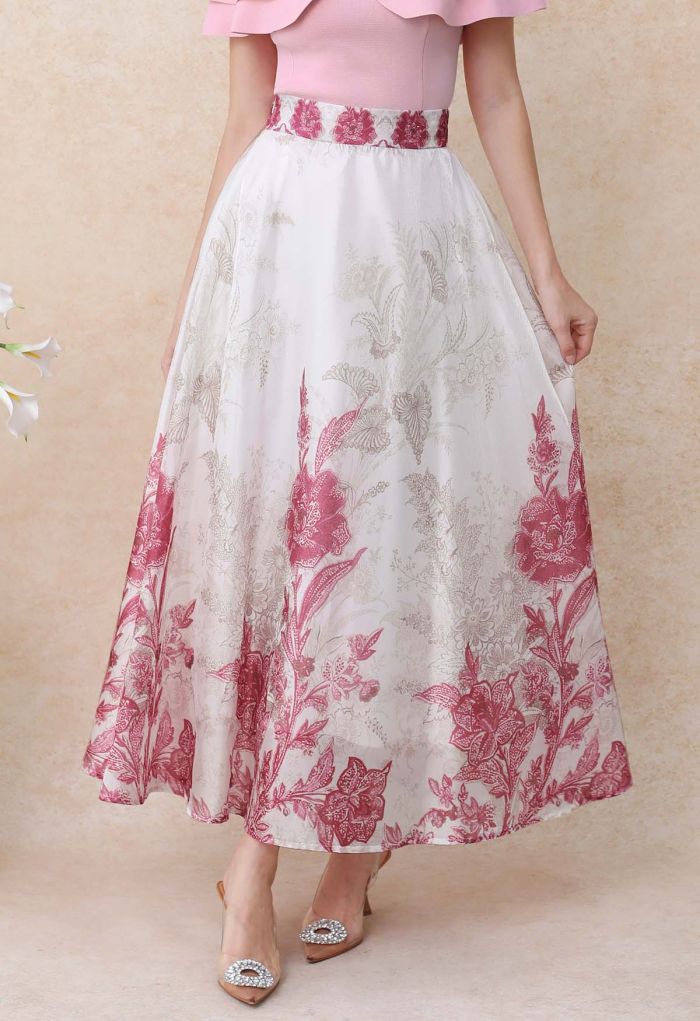 Sketch Pink Floral Half Elastic Waistband A-Line Maxi Skirt