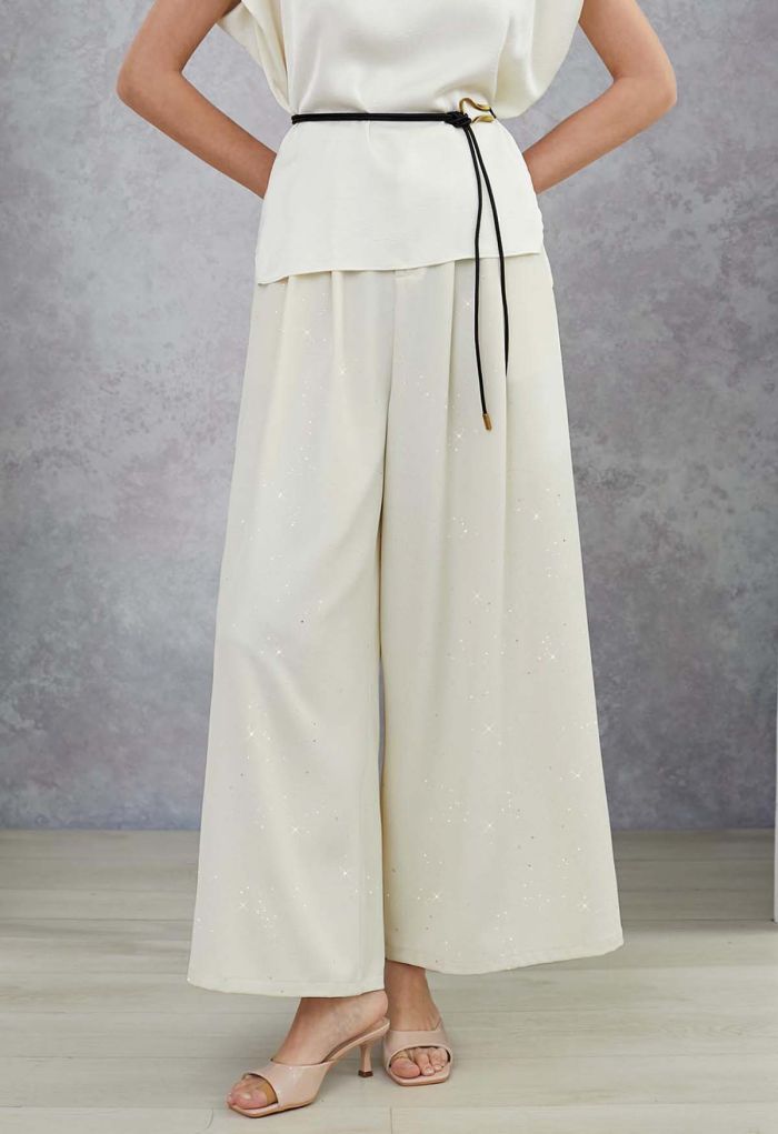 Glitter Accent Wide-Leg Palazzo Pants in Ivory