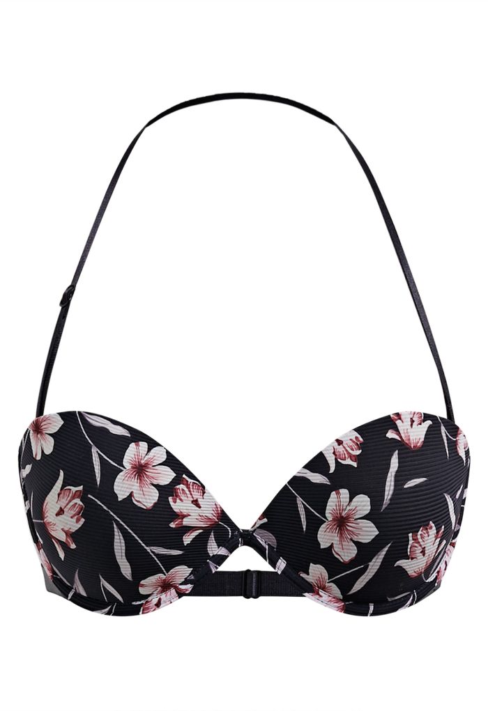 Floral Printed Halter Neck Push Up Bra Top in Black