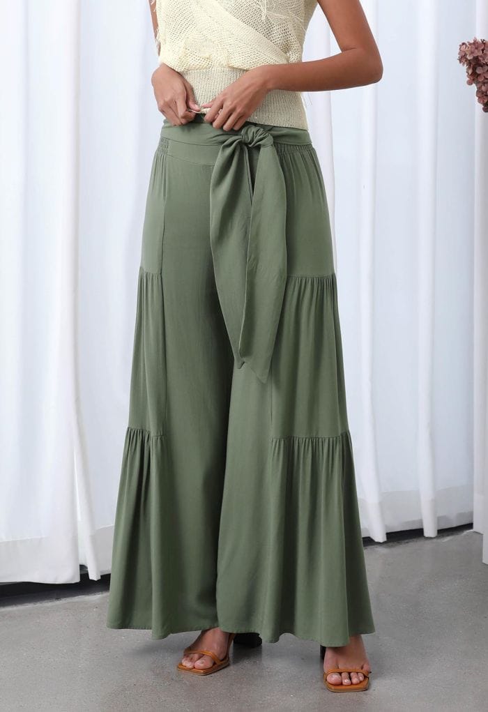 Knotted Shirred Waist Wide-Leg Pants in Green