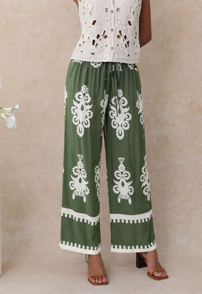 Tile Printed Shirred Waist Pants in Green