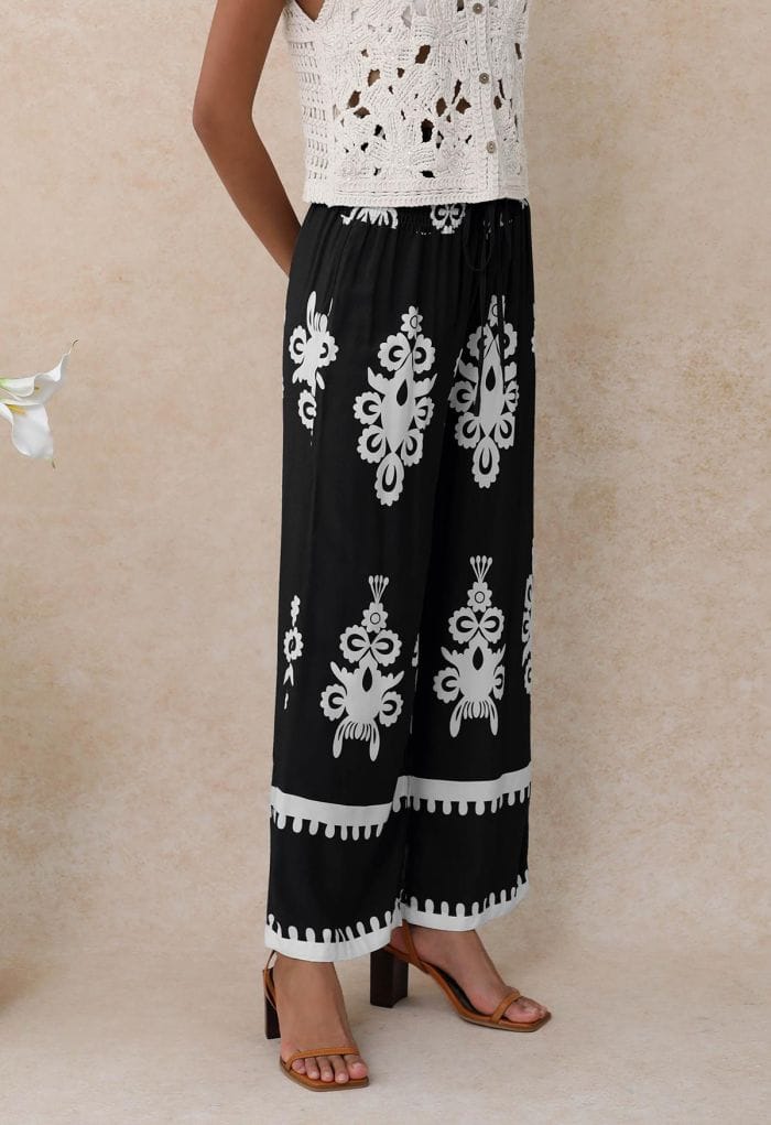 Tile Printed Shirred Waist Pants in Black