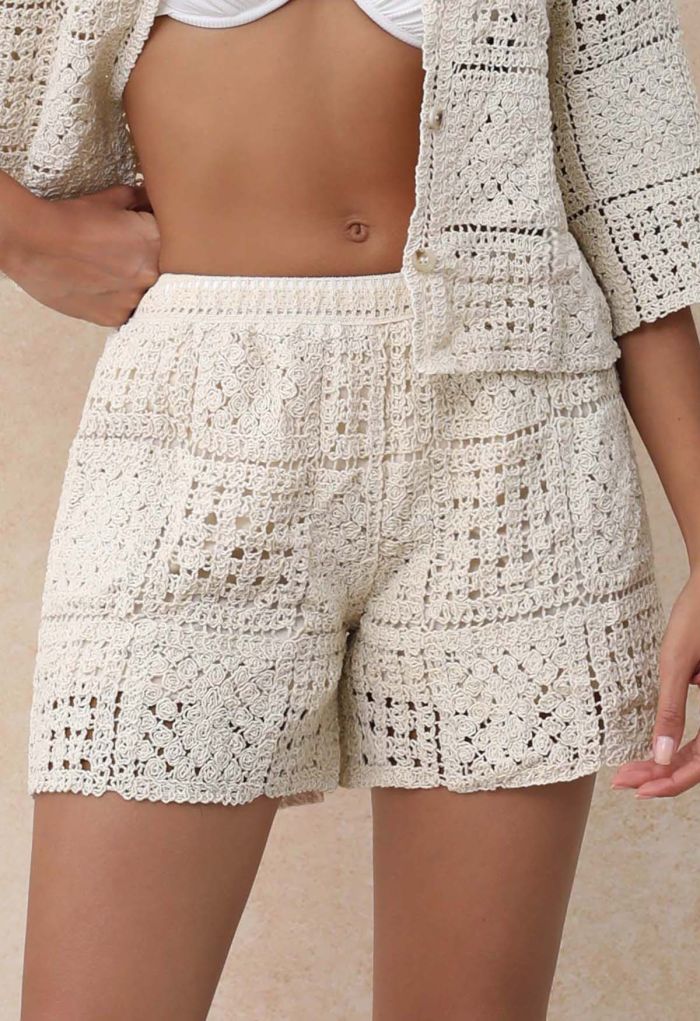 Elastic Waist Open-Knit Crochet Shorts