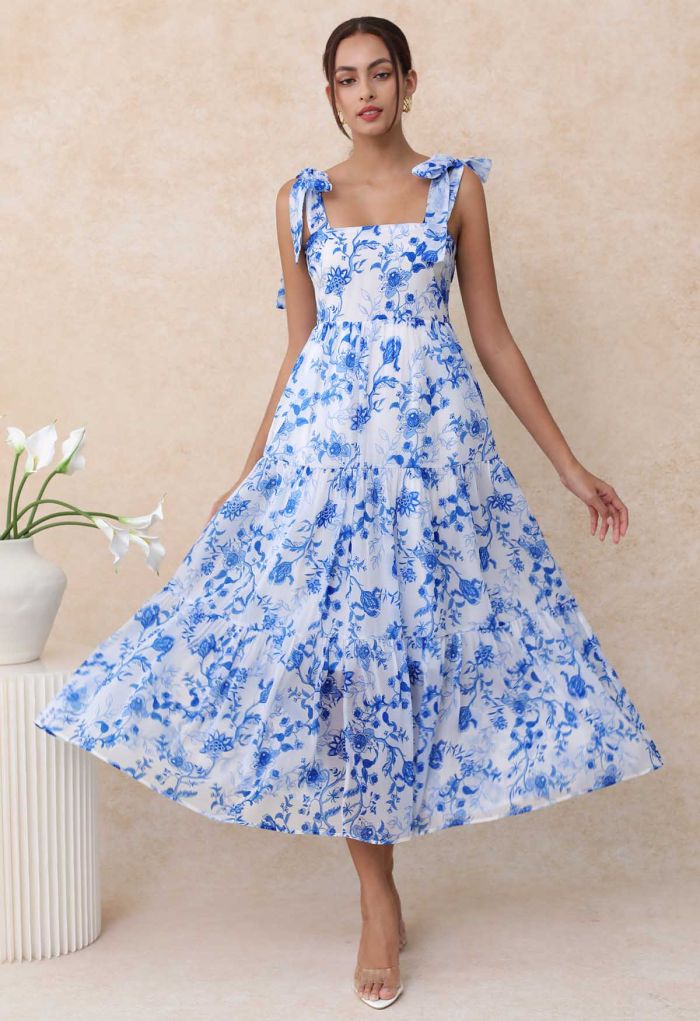 Blue Floral Tie-Shoulder Shirred Tiered Dress