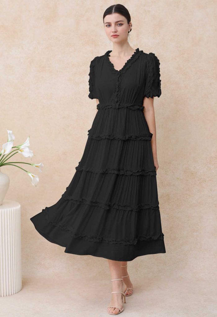 V-Neck Ruffle Embellished Tiered Dress in Black