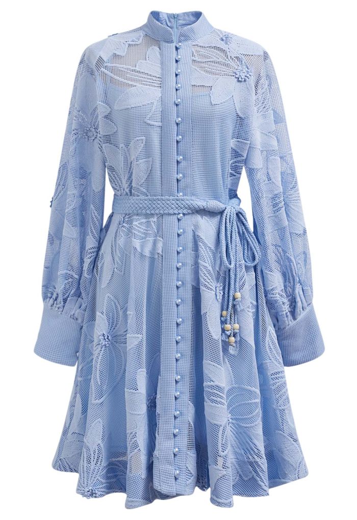 Embroidered Floral Belted Fishnet Midi Dress in Blue