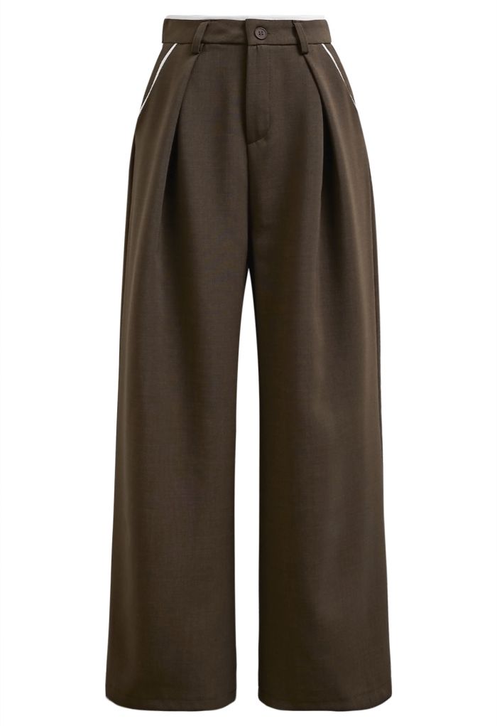 Contrast Binding Side Pocket Pants in Brown