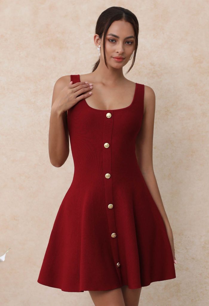 Square Neck Button Decor Skater Dress in Red