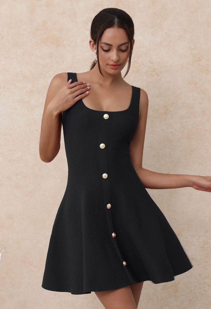 Square Neck Button Decor Skater Dress in Black