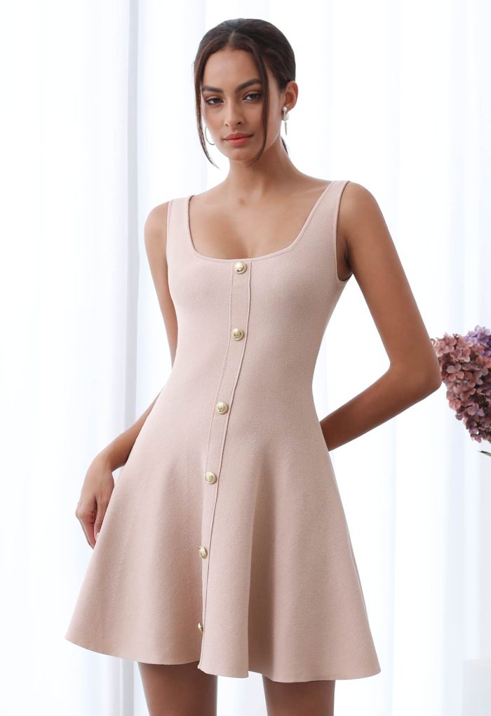 Square Neck Button Decor Skater Dress in Nude Pink