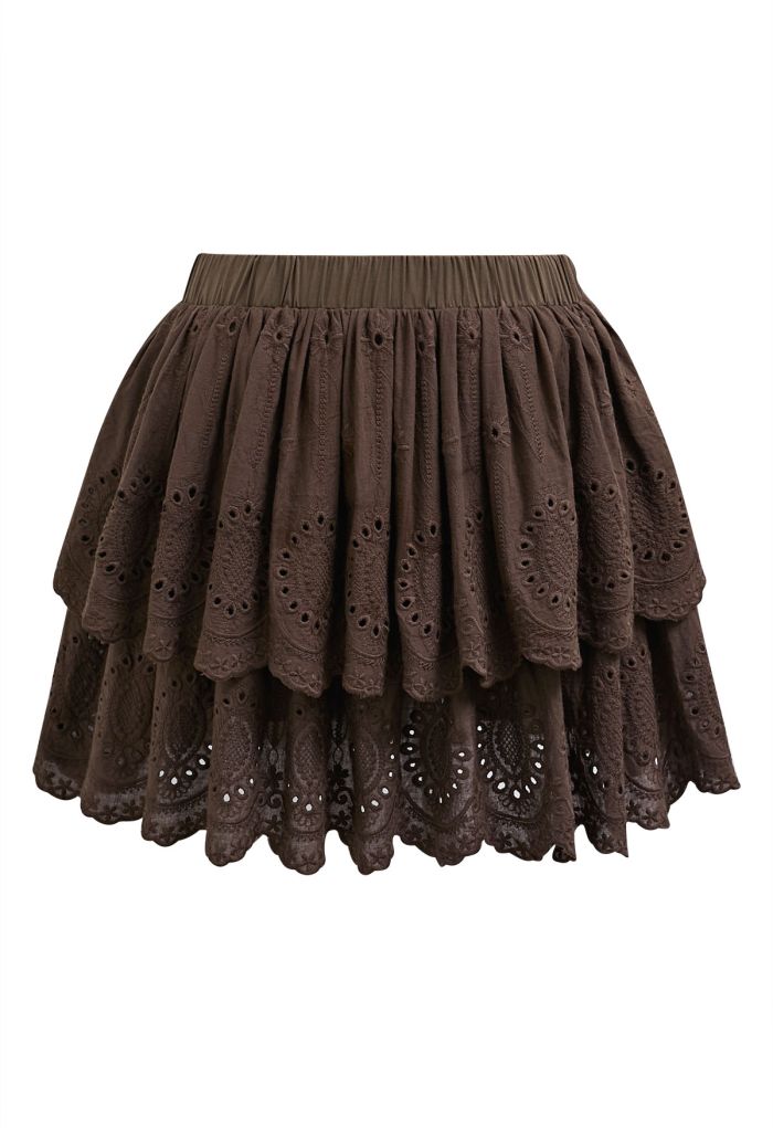 Embroidered Eyelet Cotton Layered Mini Skirt in Chocolate