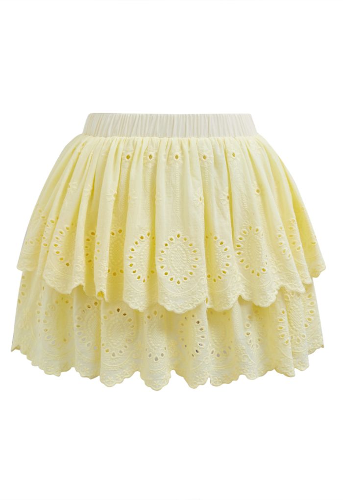 Embroidered Eyelet Cotton Layered Mini Skirt in Yellow