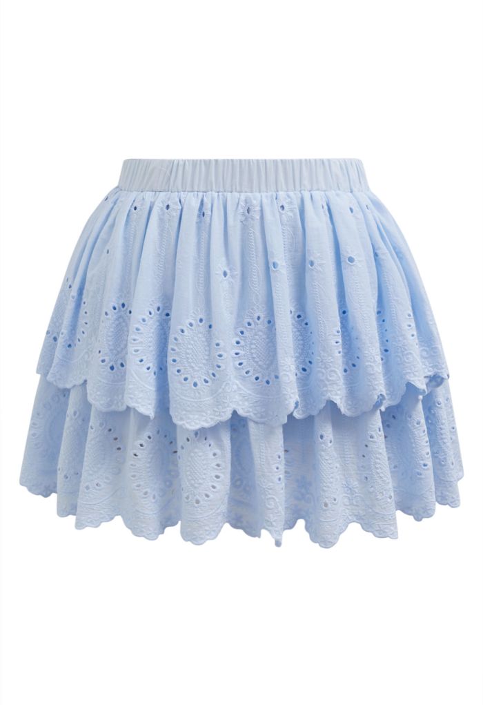 Embroidered Eyelet Cotton Layered Mini Skirt in Light Blue