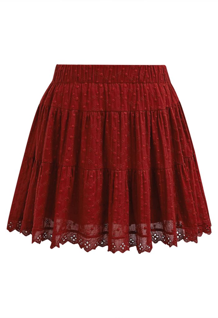 Eyelet Embroidered Flare Mini Skirt in Red