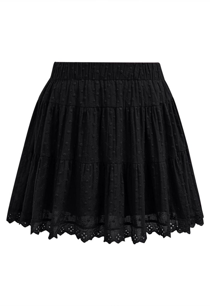 Eyelet Embroidered Flare Mini Skirt in Black
