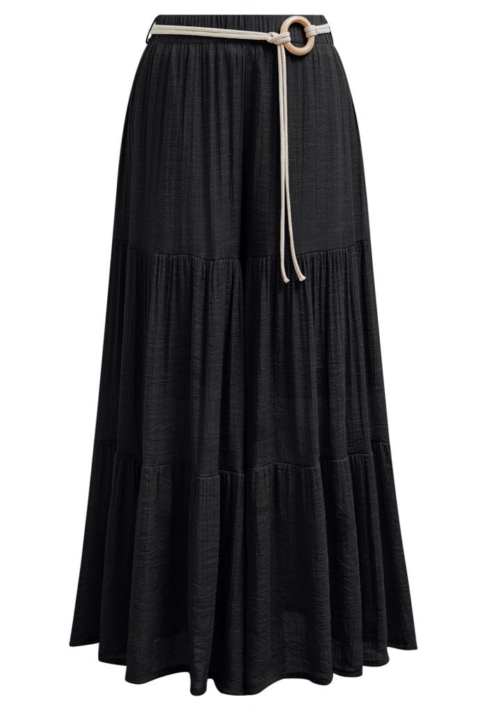 O-Ring Belt Wide Leg Tiered Crop Pants in Black