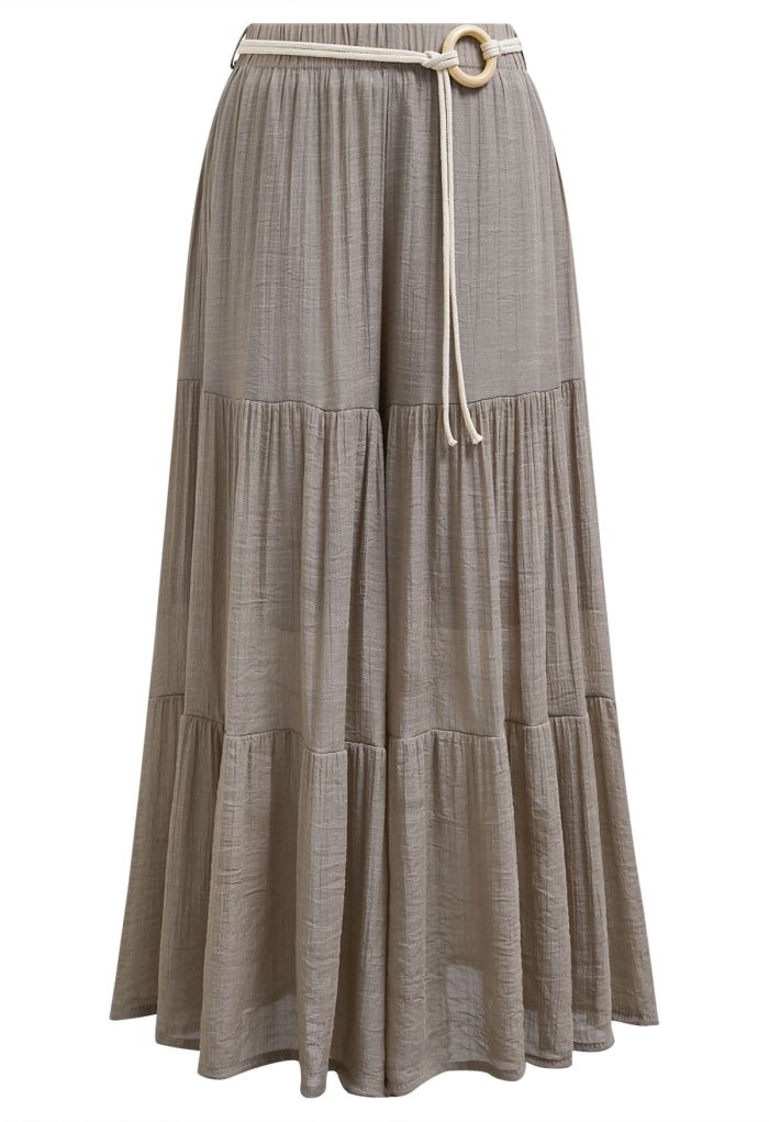 O-Ring Belt Wide Leg Tiered Crop Pants in Taupe