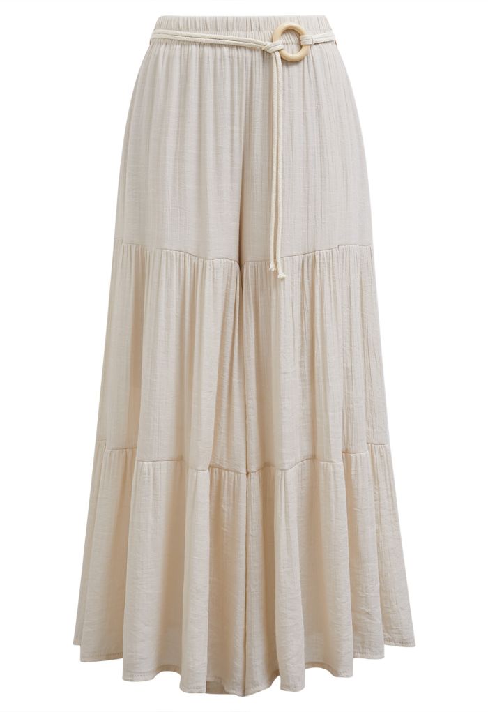 O-Ring Belt Wide Leg Tiered Crop Pants in Oatmeal