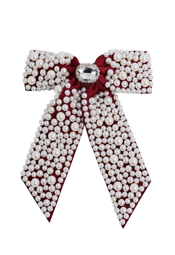 Faux-Pearl Bow Hair Clip in Red