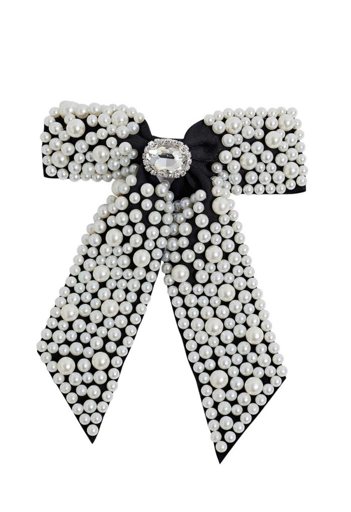 Faux-Pearl Bow Hair Clip in Black