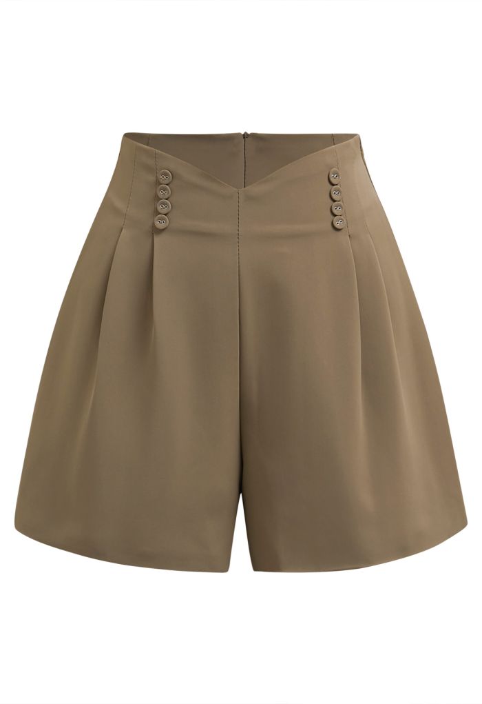 Button-Embellished Dipped Front Waist Shorts in Brown