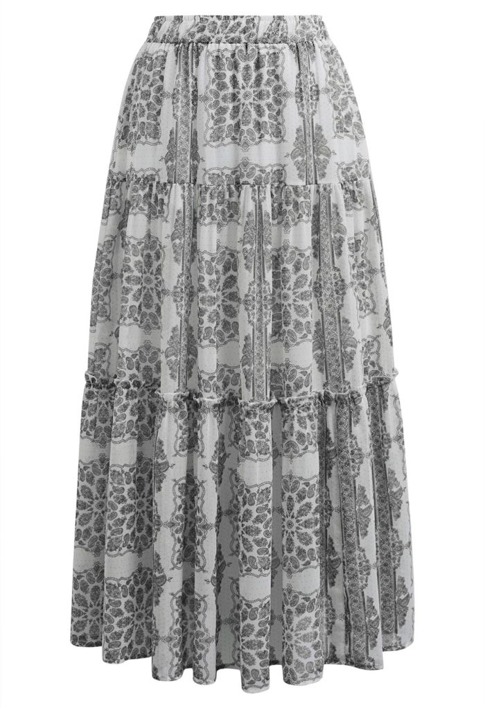 Tile Paisley Print Ruffled Tiered Chiffon Maxi Skirt in Black
