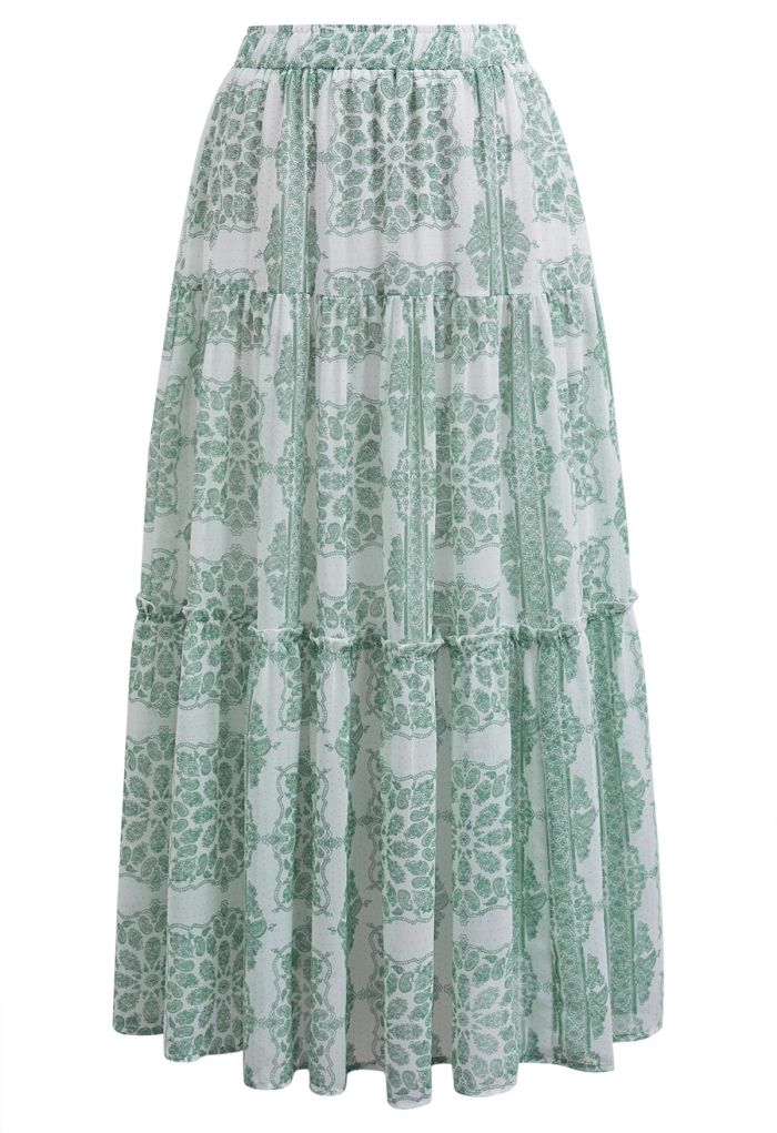 Tile Paisley Print Ruffled Tiered Chiffon Maxi Skirt in Green