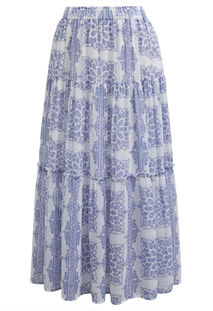 Tile Paisley Print Ruffled Tiered Chiffon Maxi Skirt in Blue