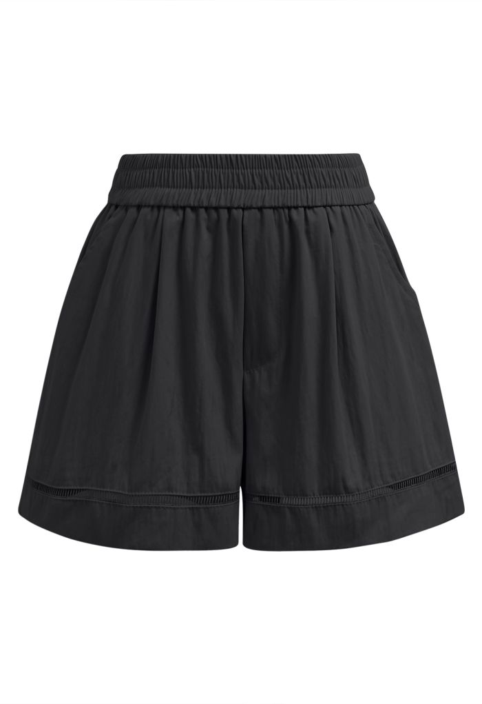 Ladder-Lace Hem Elasticated Waistband Shorts in Black