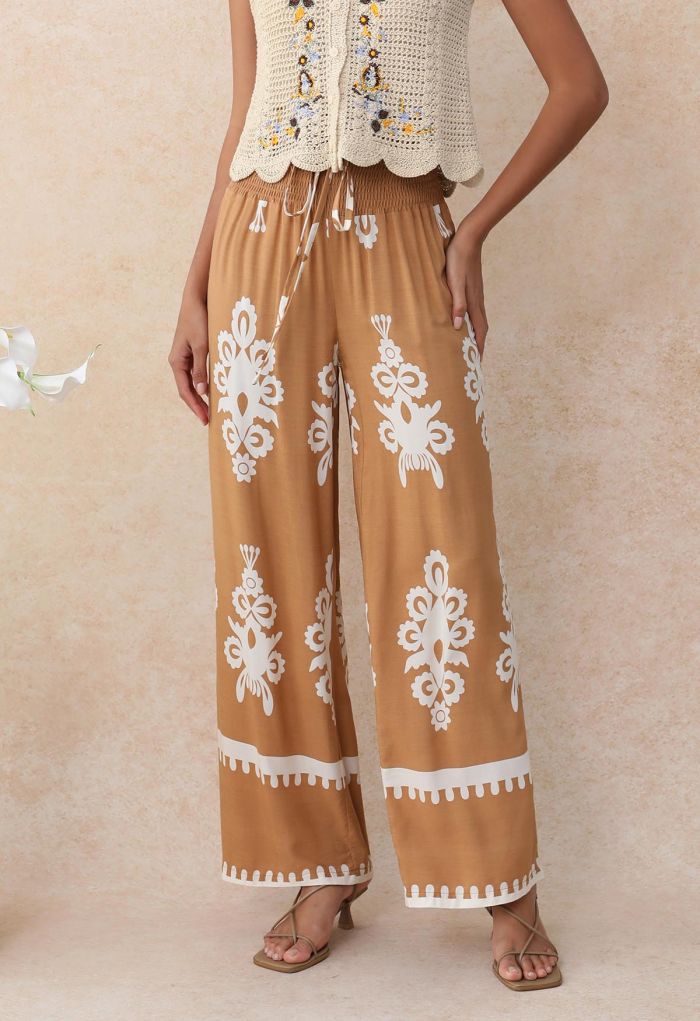 Tile Printed Shirred Waist Pants in Tan