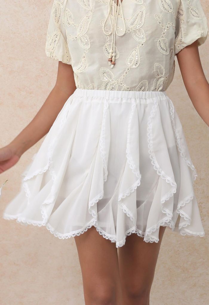 Lace Ruffle Asymmetric Chiffon Mini Skirt in Ivory