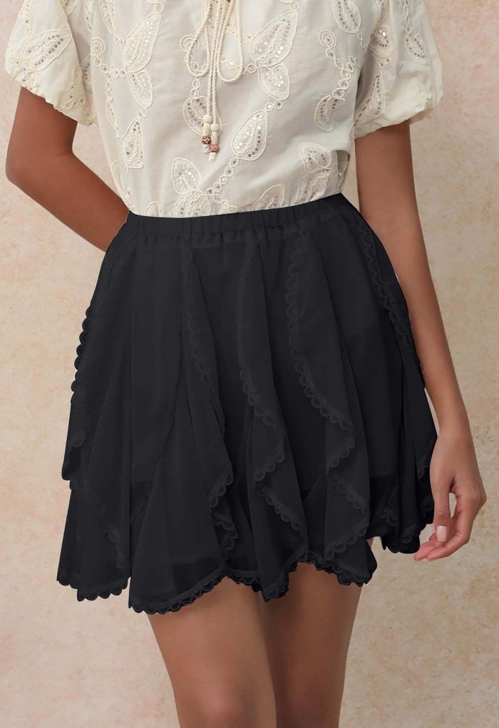 Lace Ruffle Asymmetric Chiffon Mini Skirt in Black