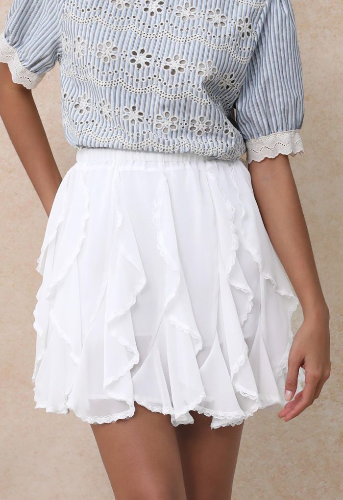 Lace Ruffle Asymmetric Chiffon Mini Skirt in White