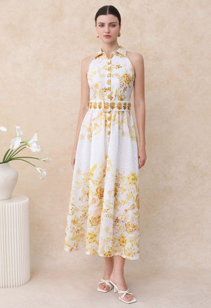 Yellow Floral Printed Collared Halter Neck Embroidered Maxi Dress