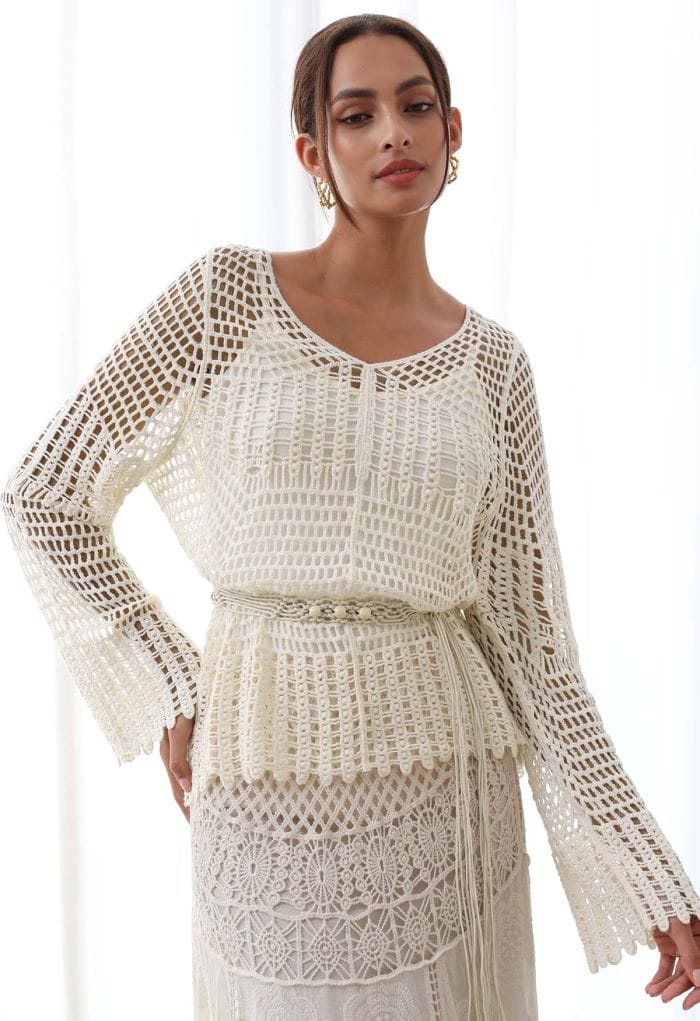 Open-Knit Crochet Belted Long Sleeve Top