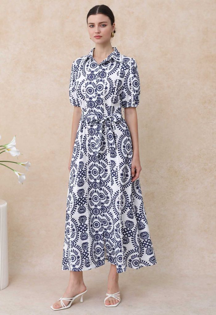 Floral Crochet Stripe Collared Tie-Sash Buttoned Maxi Dress