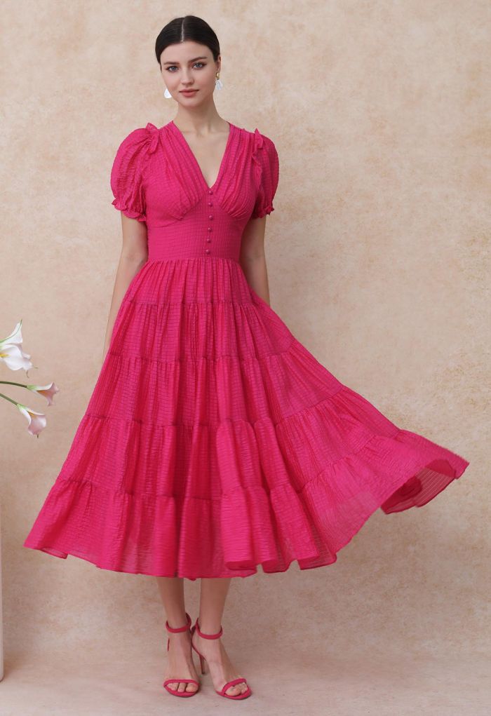 V-Neck Tie-Back Embossed Tiered Dress in Hot Pink