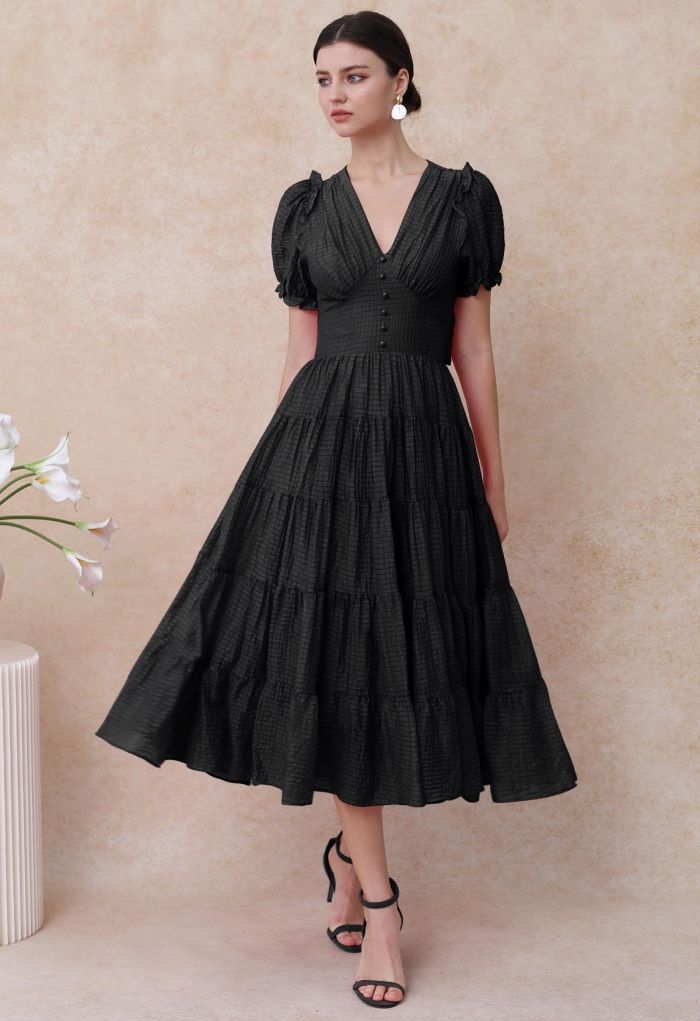 V-Neck Tie-Back Embossed Tiered Dress in Black