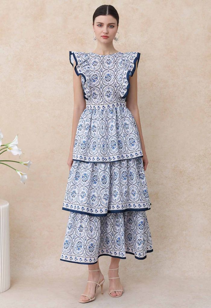 Open Back Ruffle Floret Tile Printed Sleeveless Dress