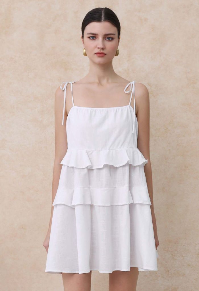 Tiered Ruffle Cotton Cami Mini Dress in White