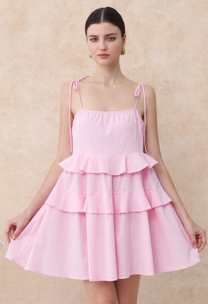 Tiered Ruffle Cotton Cami Mini Dress in Pink