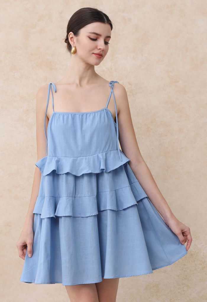 Tiered Ruffle Cotton Cami Mini Dress in Blue