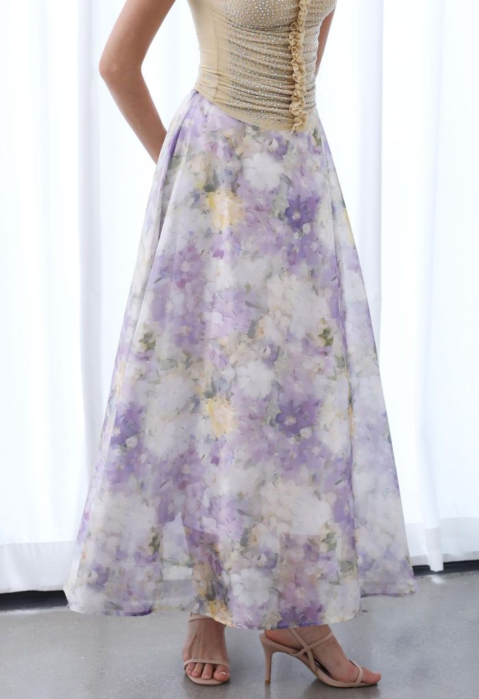Blurry Floral Watercolor Half Waistband A-Line Maxi Skirt in Lilac