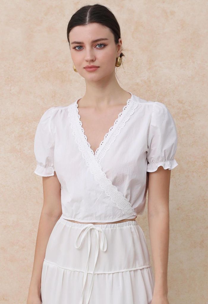 Eyelet Lace Wrap Front Crop Top in White