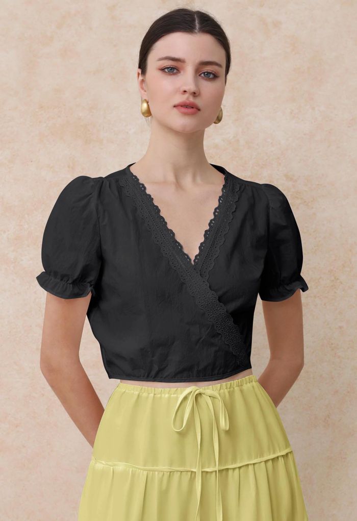 Eyelet Lace Wrap Front Crop Top in Black