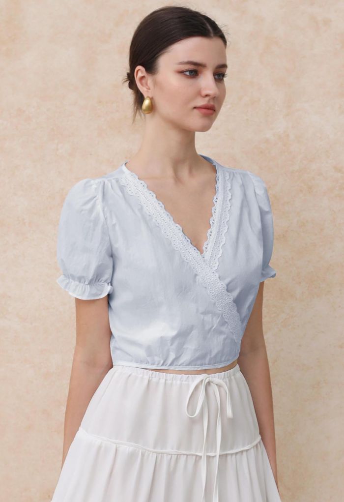 Eyelet Lace Wrap Front Crop Top in Baby Blue