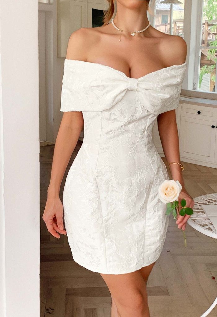 Impressive Bow Off-Shoulder Floral Jacquard Mini Dress in Ivory