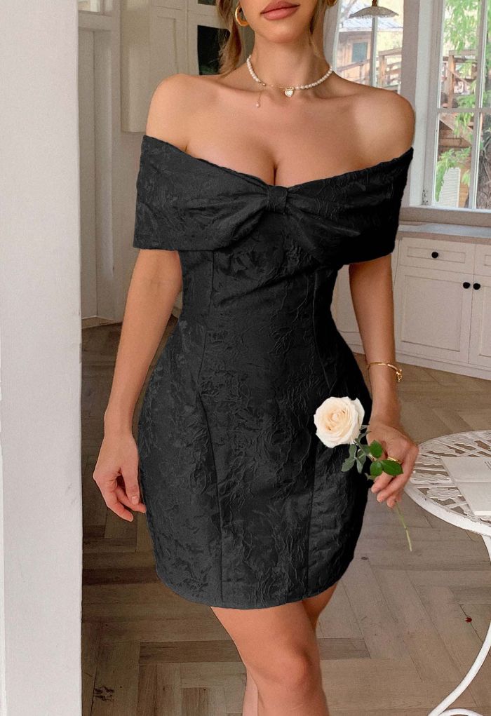 Impressive Bow Off-Shoulder Floral Jacquard Mini Dress in Black